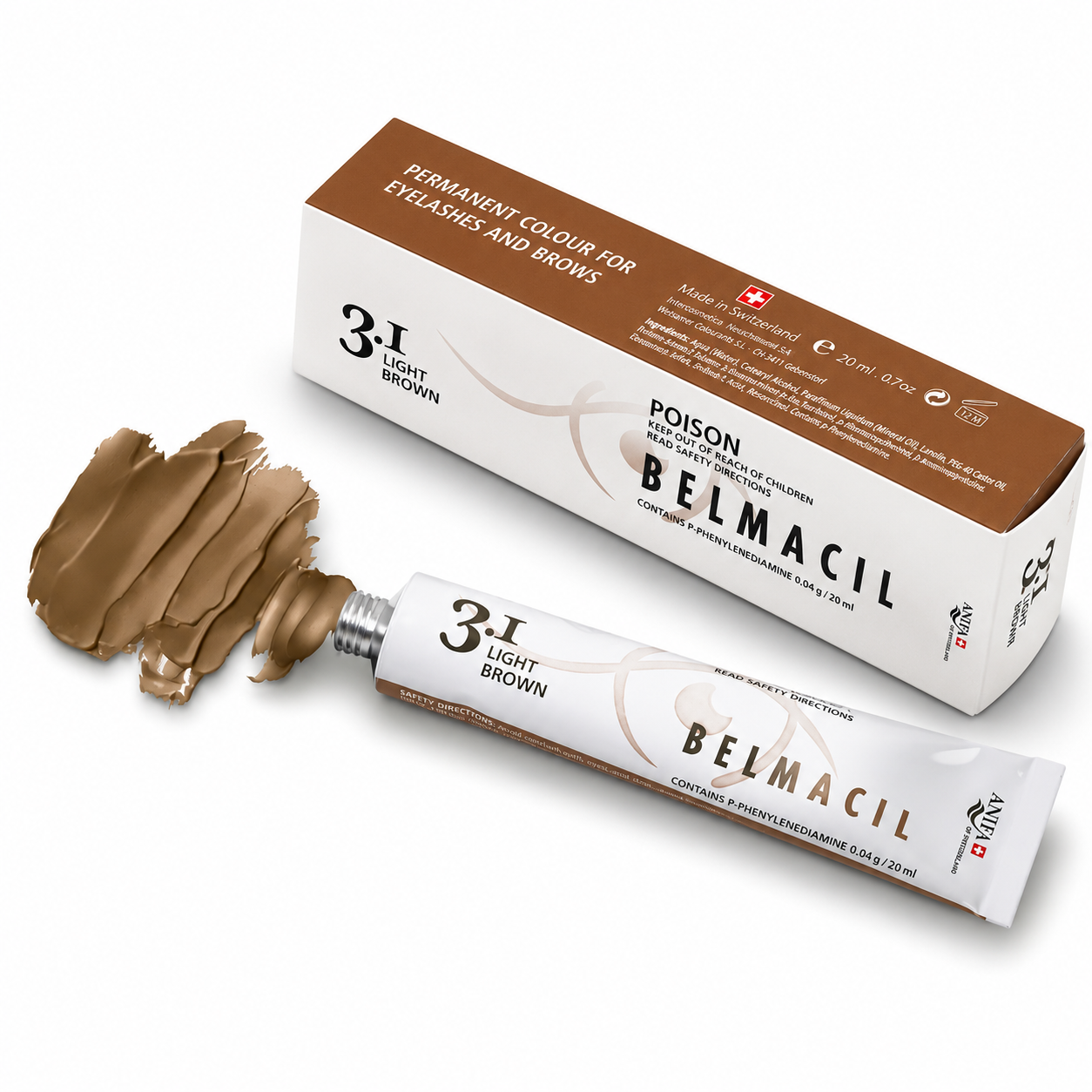 Belmacil Lash & Brow Tint 20ml tube in Light Brown for professional lash tinting and brow styling.