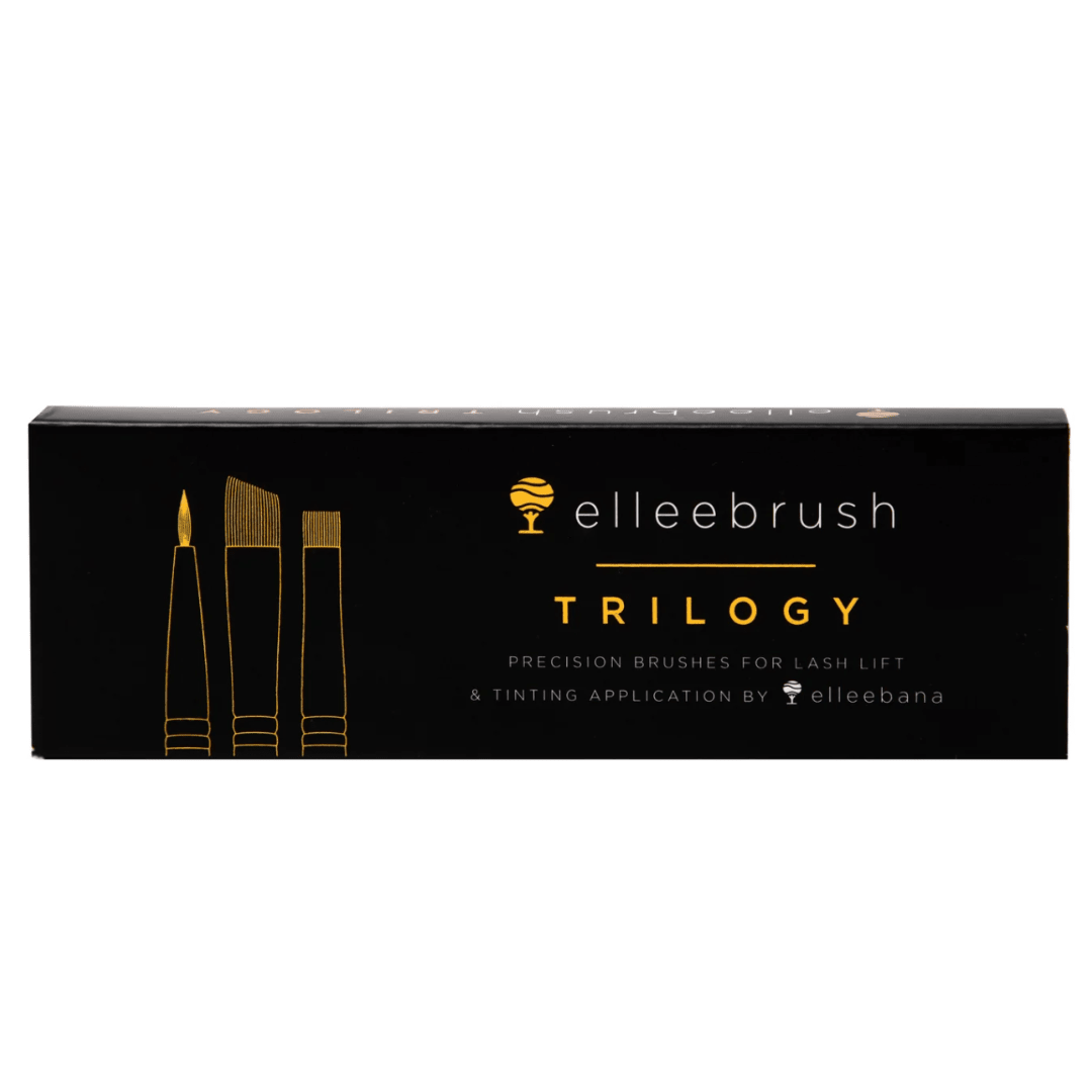 Complete Elleebana ElleeBRUSH Trilogy Set featuring the Angle Tip, Fine Tip, and Flat Tip synthetic brushes.
