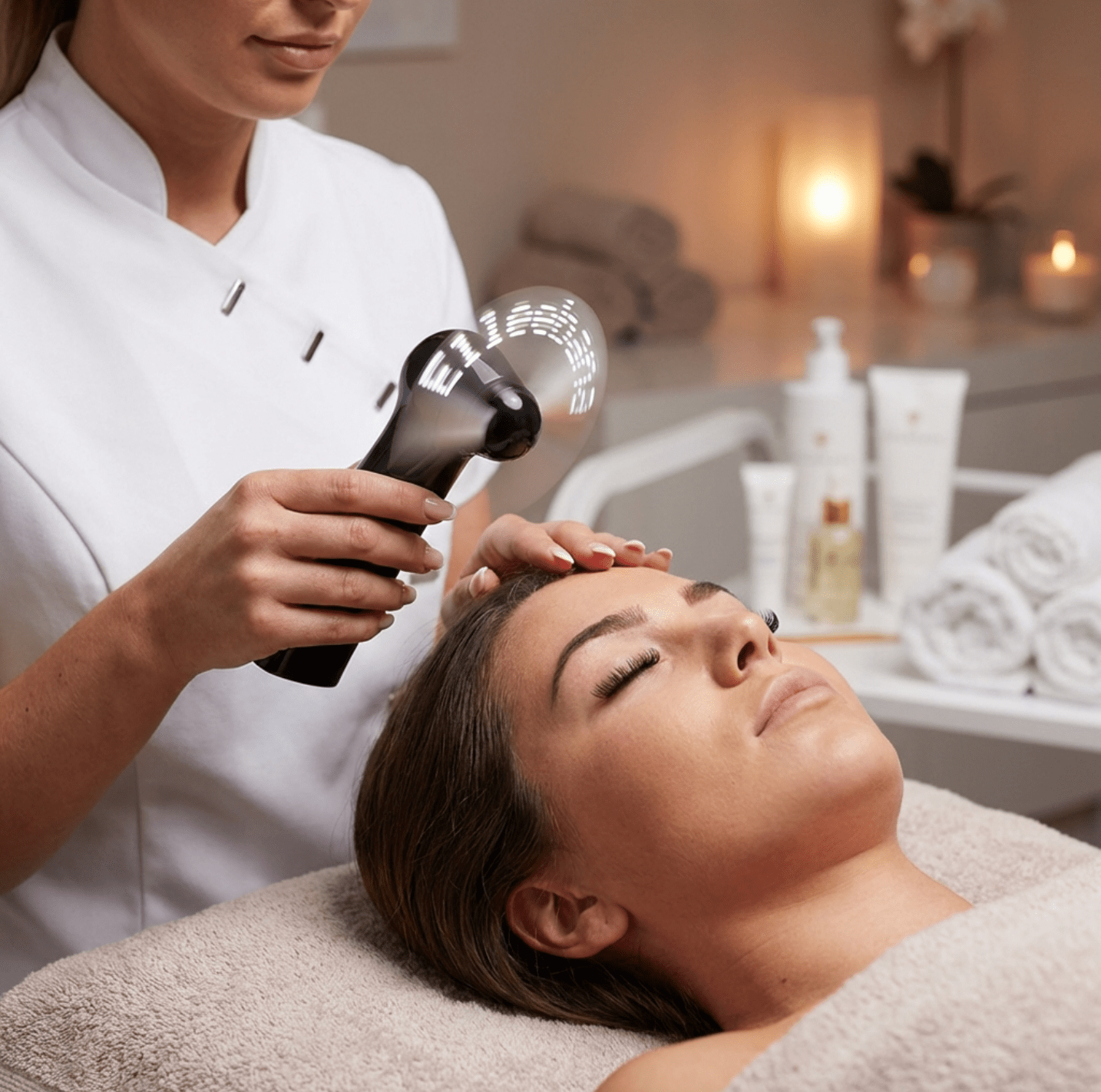 Beauty technician using the handheld Elleebana LED fan to cool and dry a client's lashes after a lash lift.