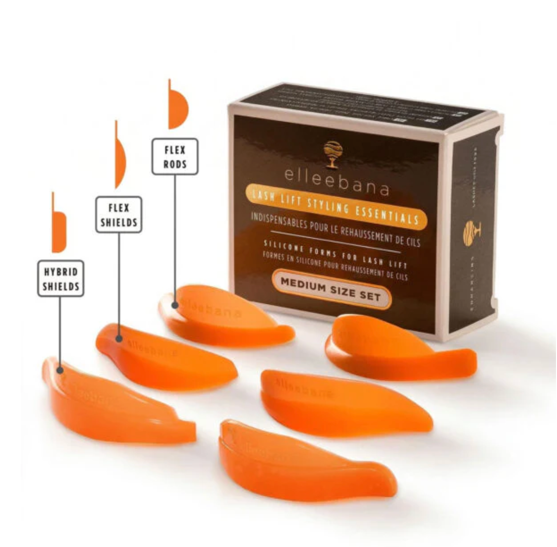 Elleebana Lash Styling Combo Essentials Medium kit featuring 6 pairs of FLEX silicone lash lift shields, including Flex Rods, Flex Shields, and Flex Hybrid Shields.