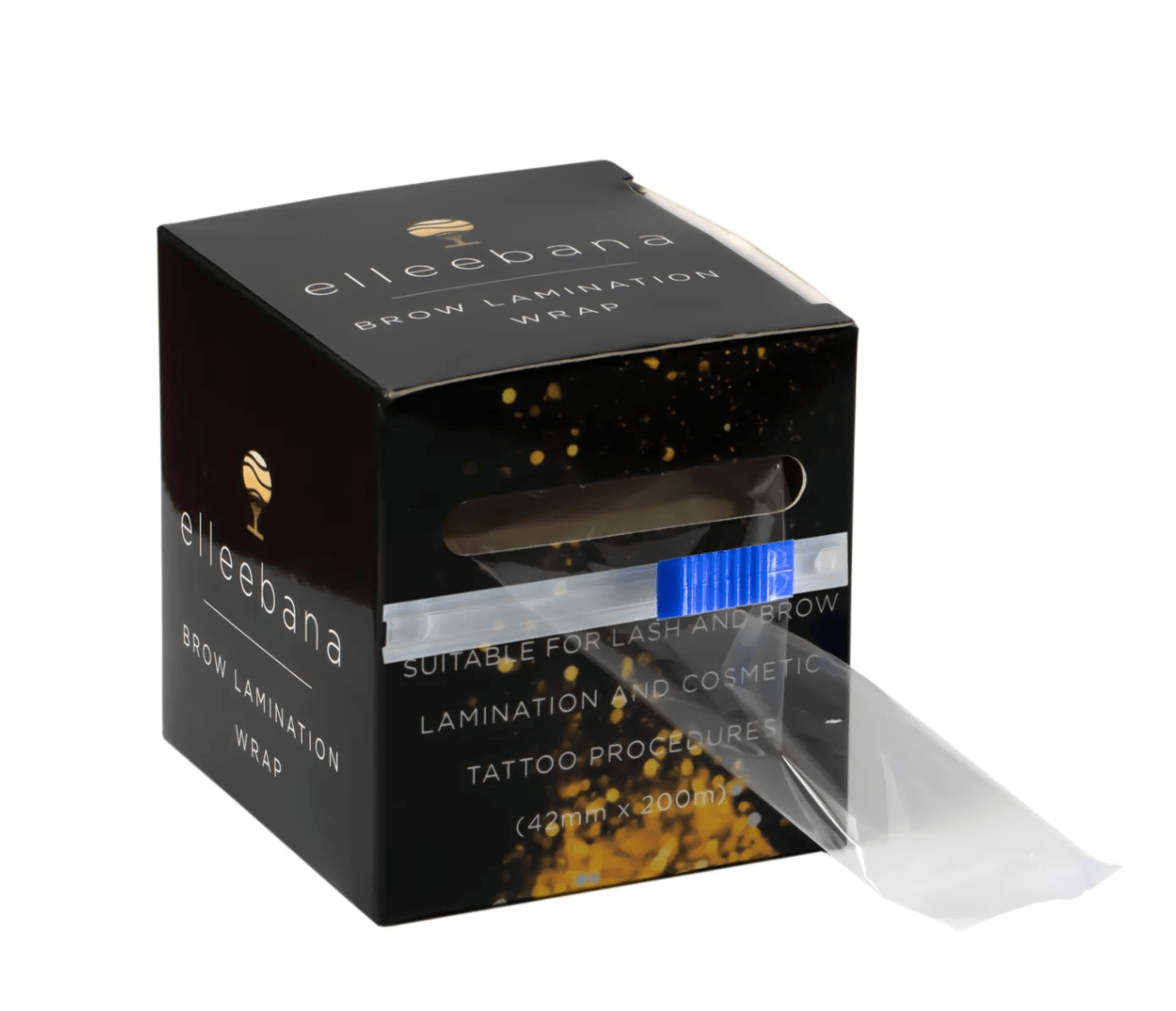 Elleebana clear lamination film wrap roll in dispenser box with built-in cutter for brow and lash treatments.