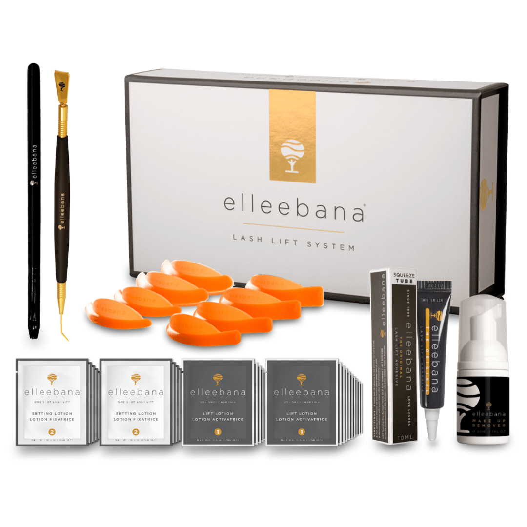 Elleebana One Shot Lash Lift Kit featuring Step 1 and Step 2 sachets, squeeze tube adhesive, Flex Rods, Gold Precision Lifter Tool, flat brush, and makeup remover.