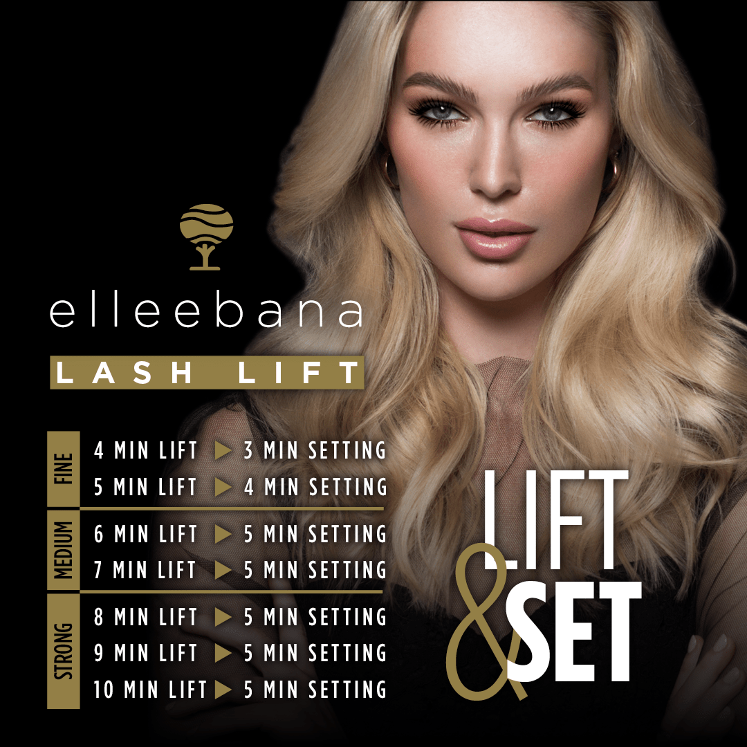 Elleebana One Shot Lash Lift Kit featuring Step 1 and Step 2 sachets, squeeze tube adhesive, Flex Rods, Gold Precision Lifter Tool, flat brush, and makeup remover.