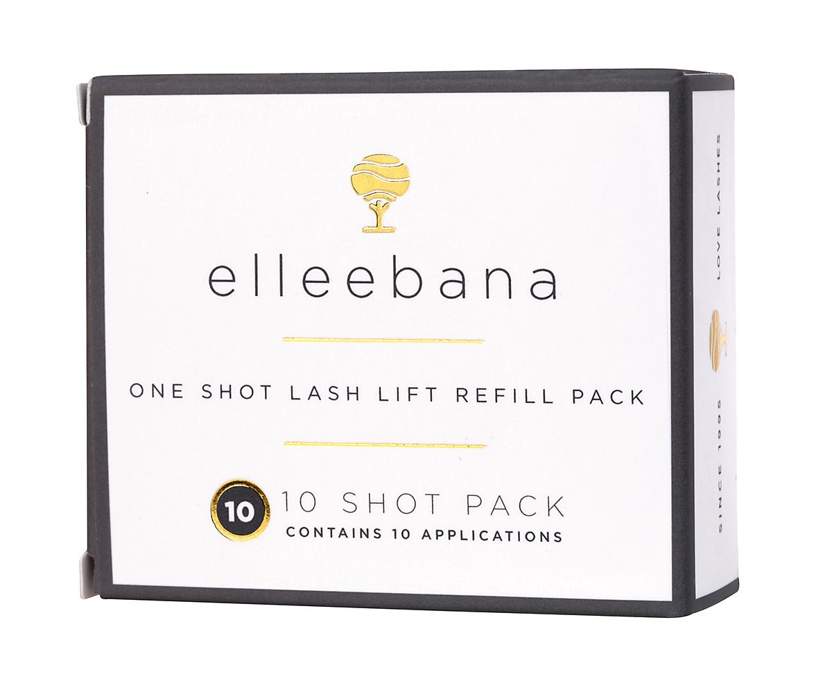 Close-up view of a single-use Elleebana One Shot Lash Lift sachet dispensing fast-acting lifting lotion.