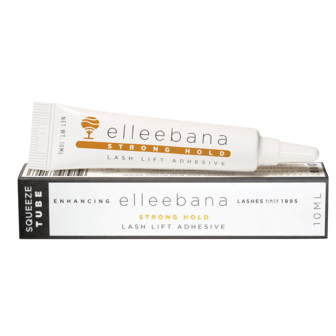 Close-up of water-soluble Elleebana StrongHold lash lift adhesive being dispensed from the squeeze tube into a glue ring.
