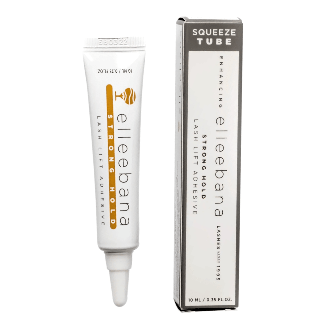 10ml squeeze tube of Elleebana StrongHold Lash Lift Adhesive packaged alongside its official box.