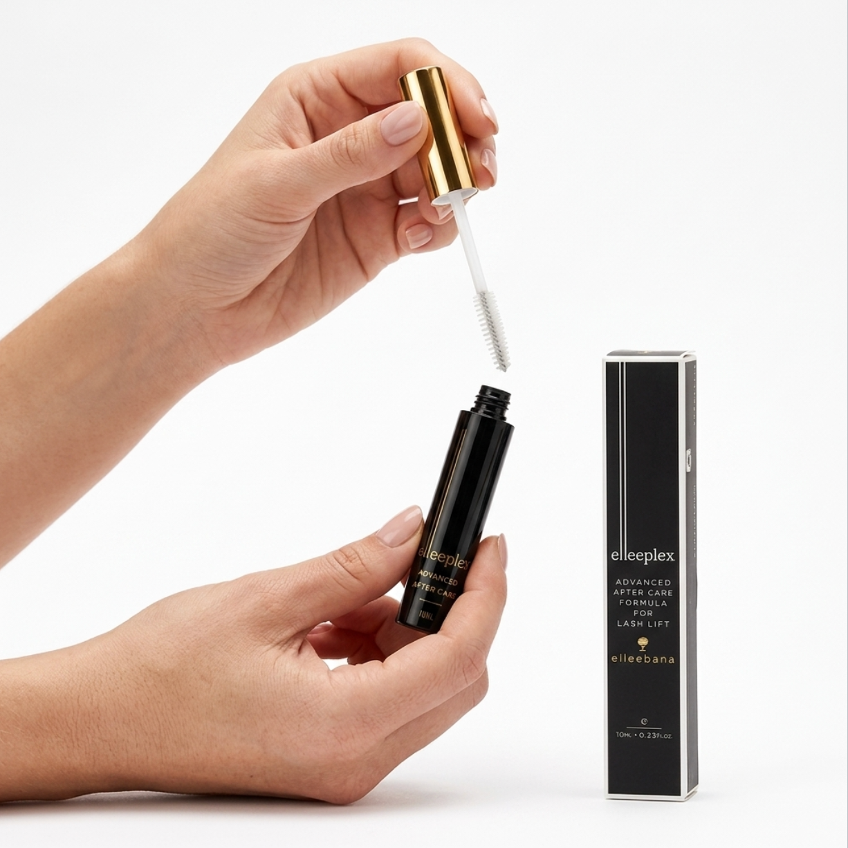 Clear Elleeplex Advanced Aftercare Serum tube and spoolie wand for conditioning lifted lashes and laminated brows, lash lift aftercare.