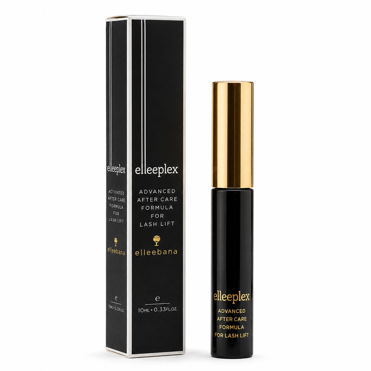 Clear Elleeplex Advanced Aftercare Serum tube and spoolie wand for conditioning lifted lashes and laminated brows, lash lift aftercare..
