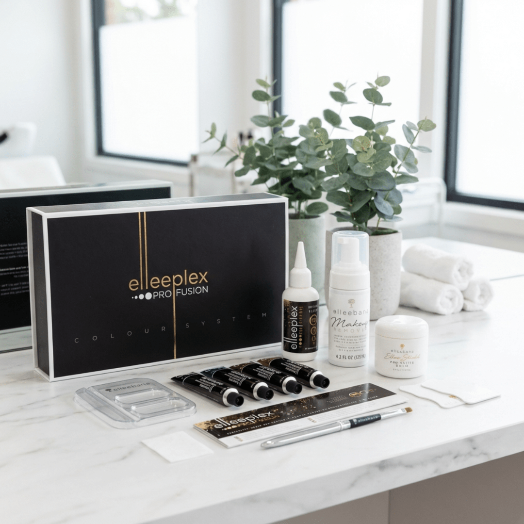 Elleeplex Lash & Brow tint kit with Creme Oxidant bottle, makeup remover, plastic mixing dish, and professional tint application brush.