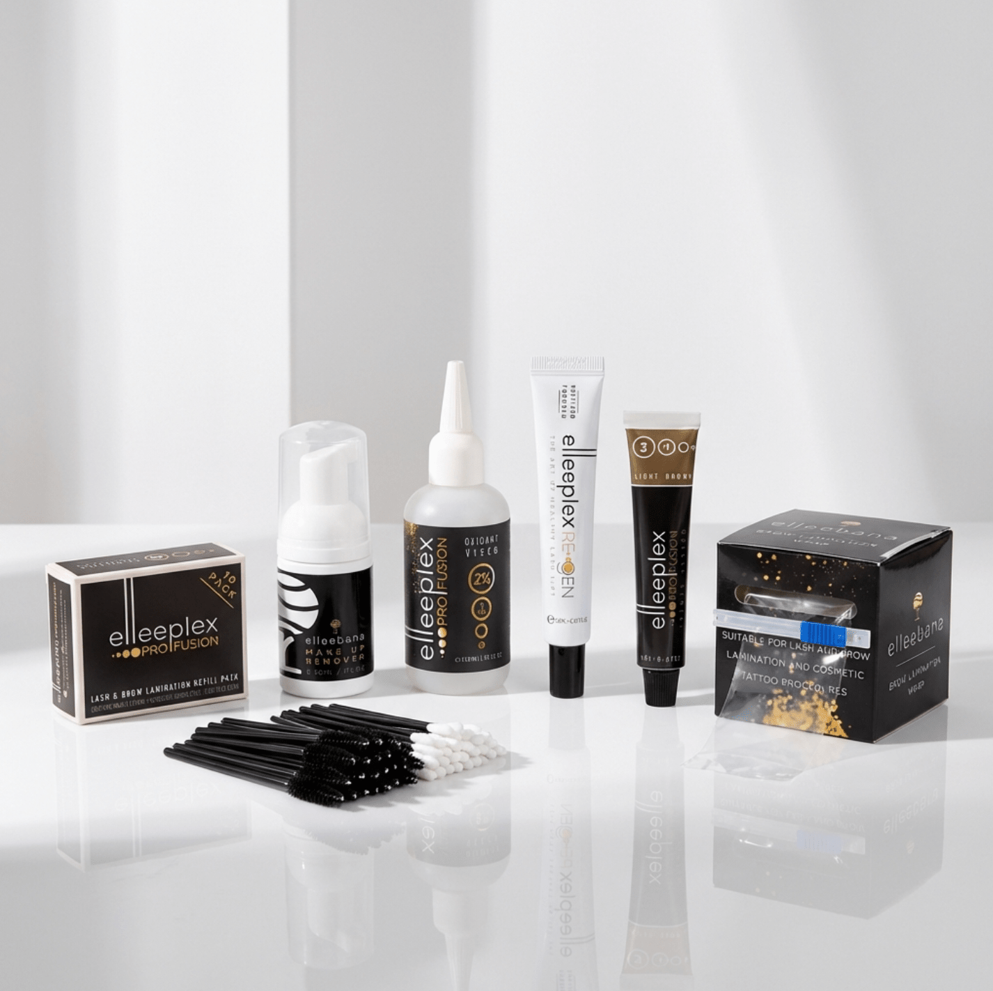 Elleebana Brow Lamination & Tint Starter Kit featuring Elleeplex ProFusion lotions with Helyx Hazel Wood hybrid brow stain and 3% cream developer.