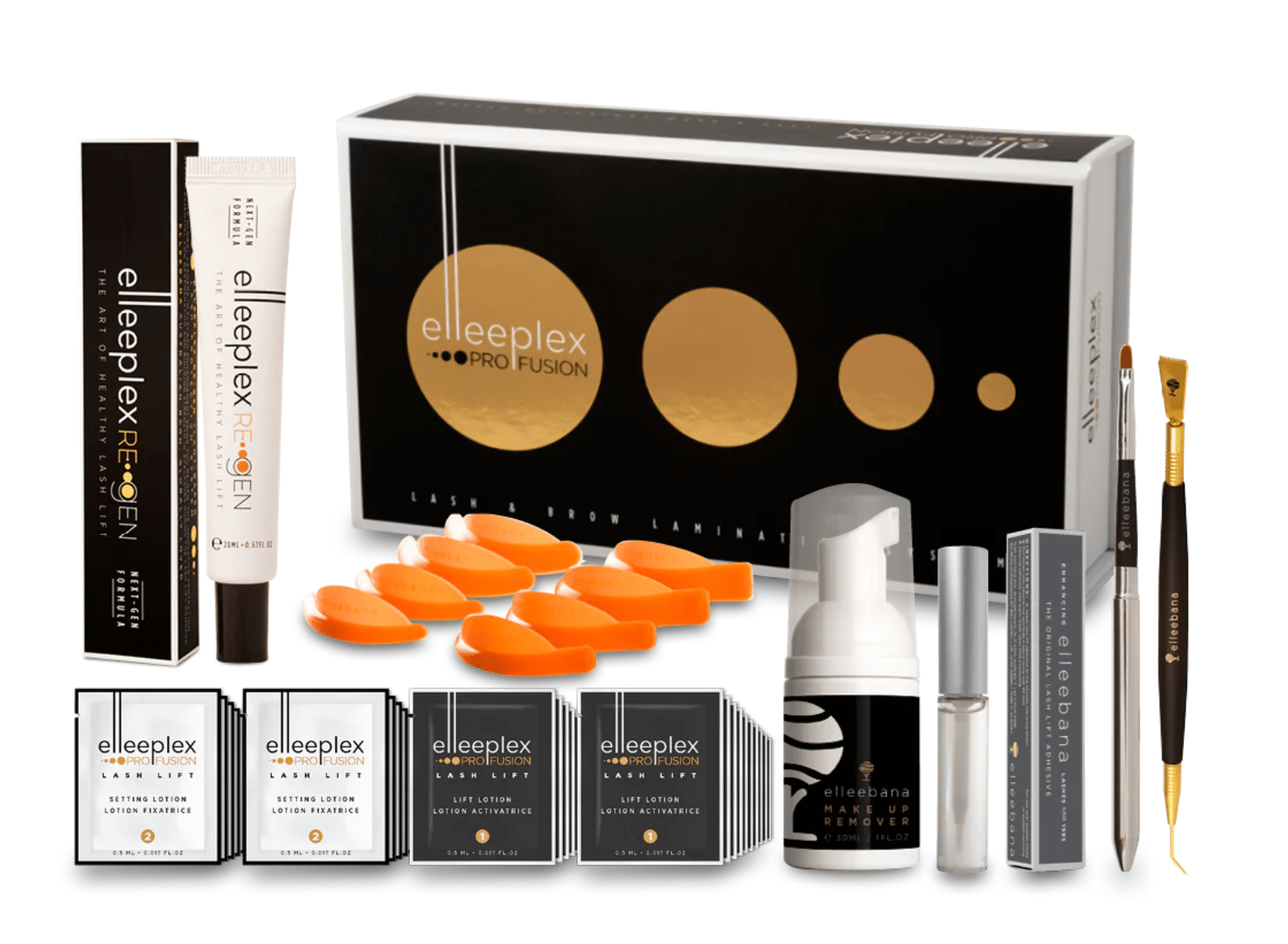 Close-up view of vegan, thioglycolic acid-free Elleeplex Profusion brow lamination lotion sachets and ReGEN powerbond elixir.