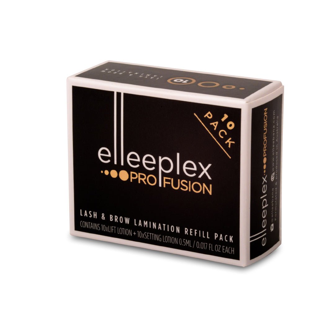 Close-up view of a single-use Elleeplex Profusion sachet dispensing gentle cysteamine-based lamination lotion.