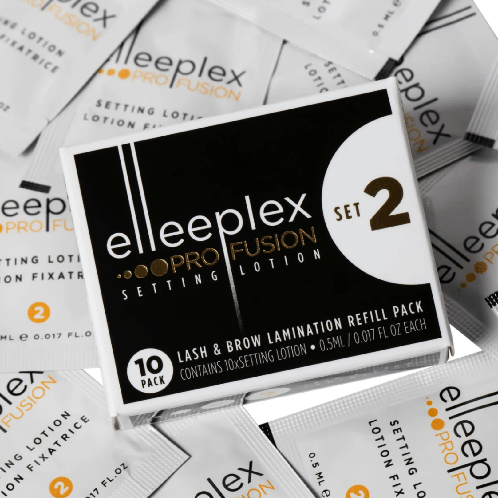 Close-up view of a single Elleeplex Profusion Step 2 SET sachet formulated with Cysteamine HCL.