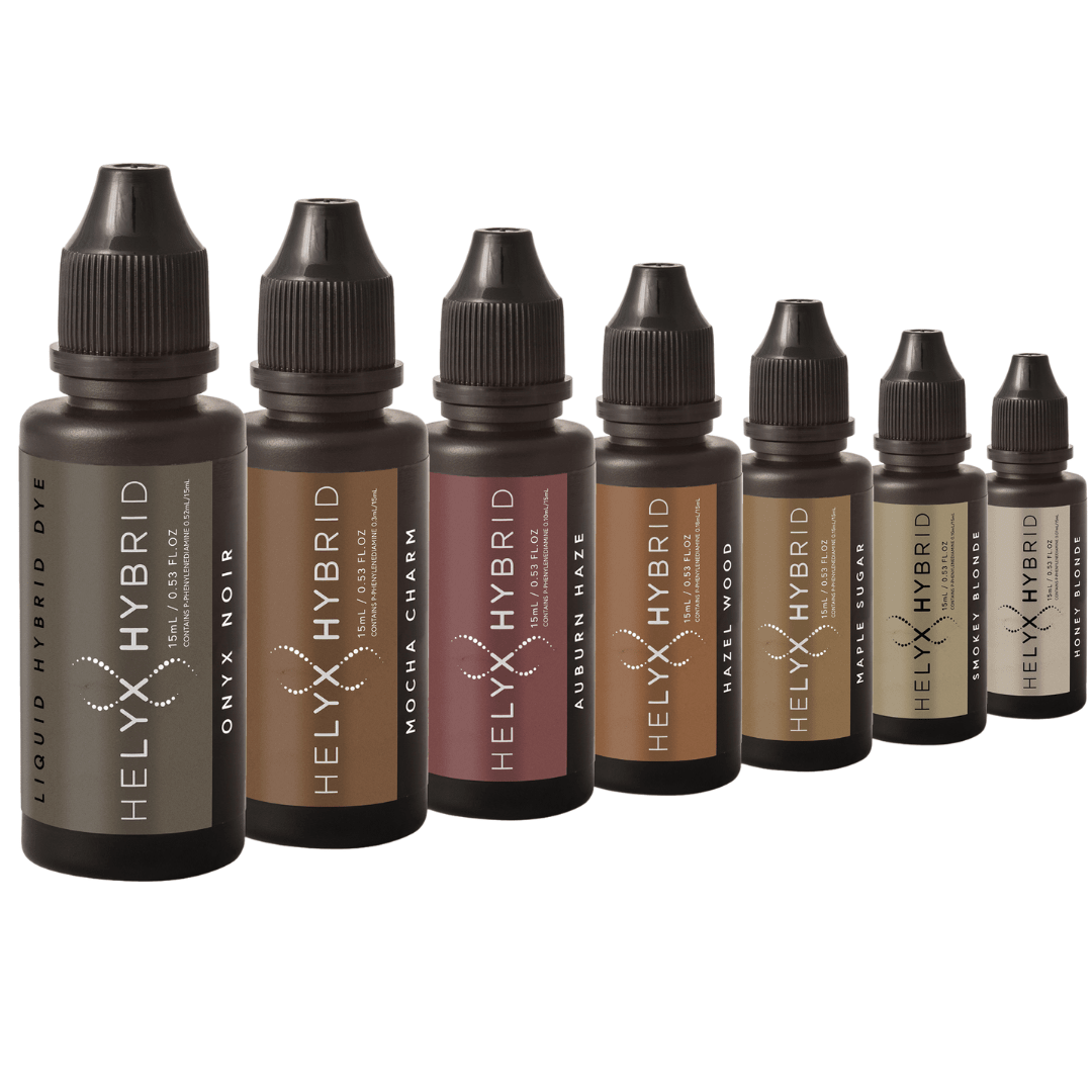 Full line-up of Helyx Hybrid Brow Stain tubes in seven versatile hair and skin tint shades.
