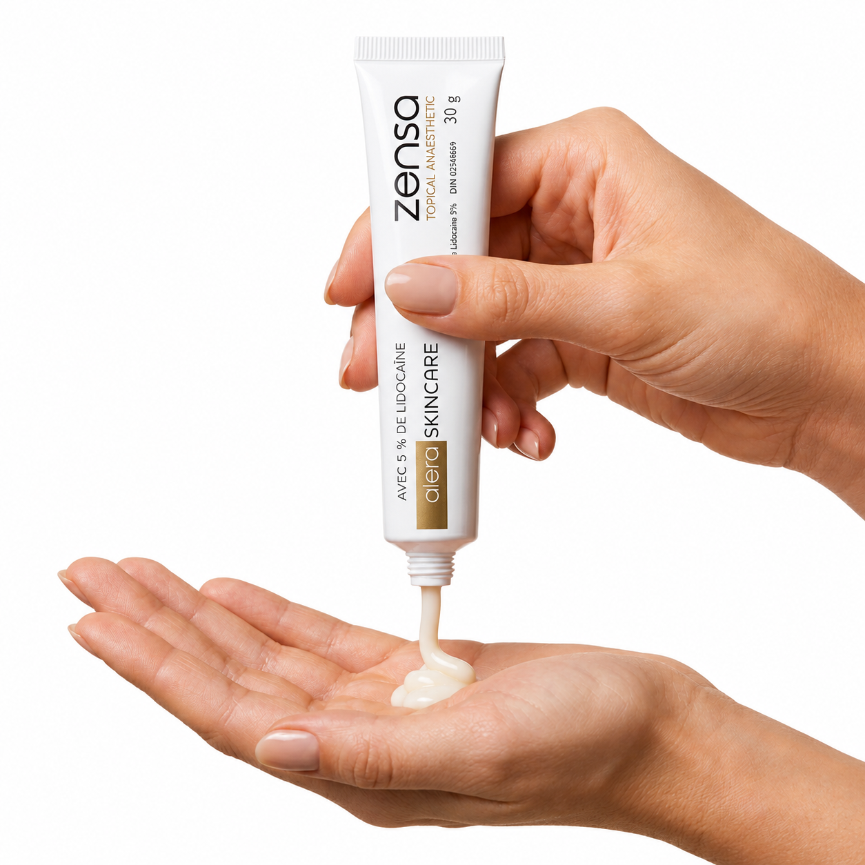 Professional Numbing Cream Zensa 30g being applied from the tube onto a hand for skincare.