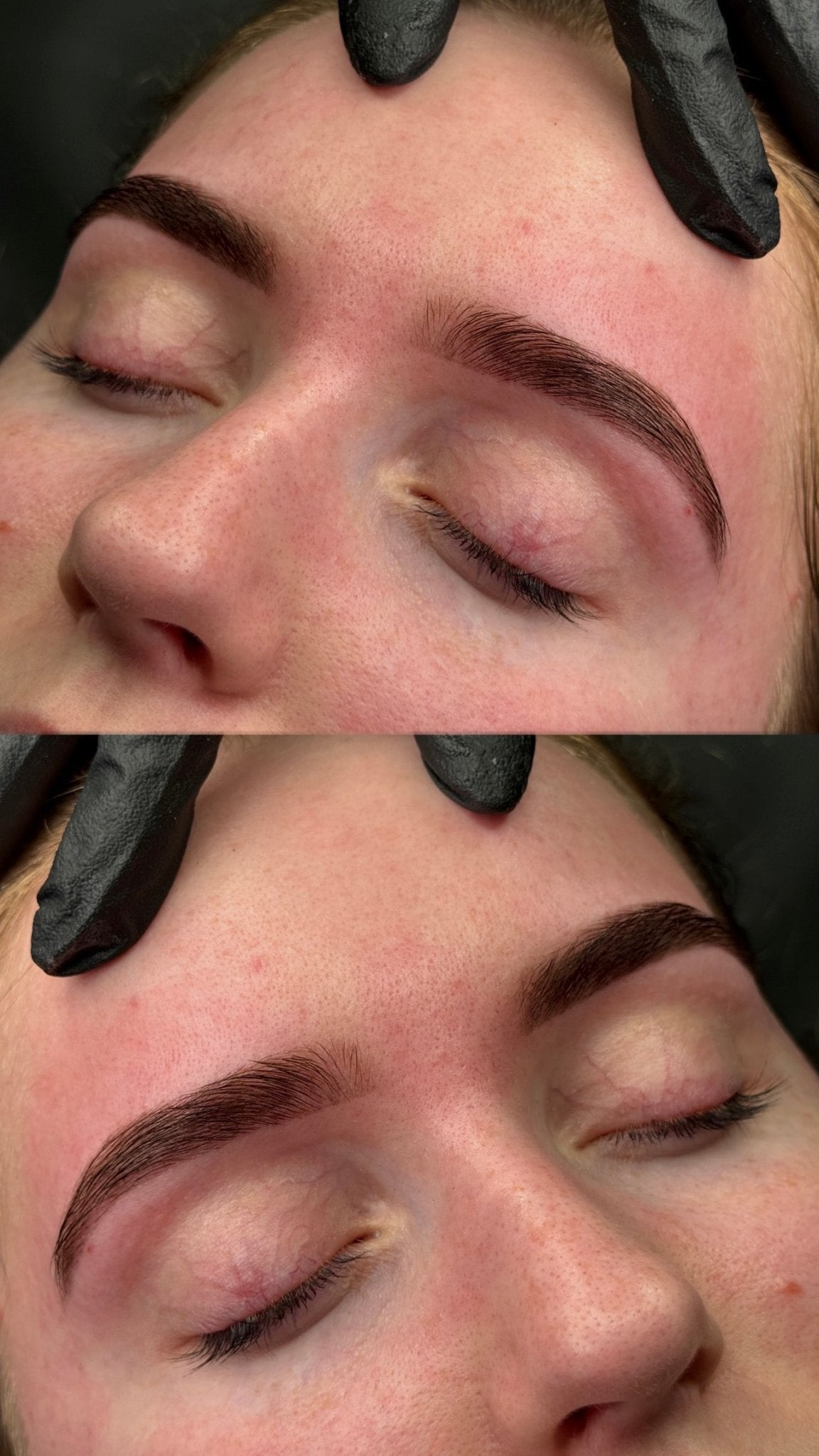 Brow artist applying Elleebana Helyx Hybrid Dye precisely along mapped brow lines for rich skin stain and hair tinting.