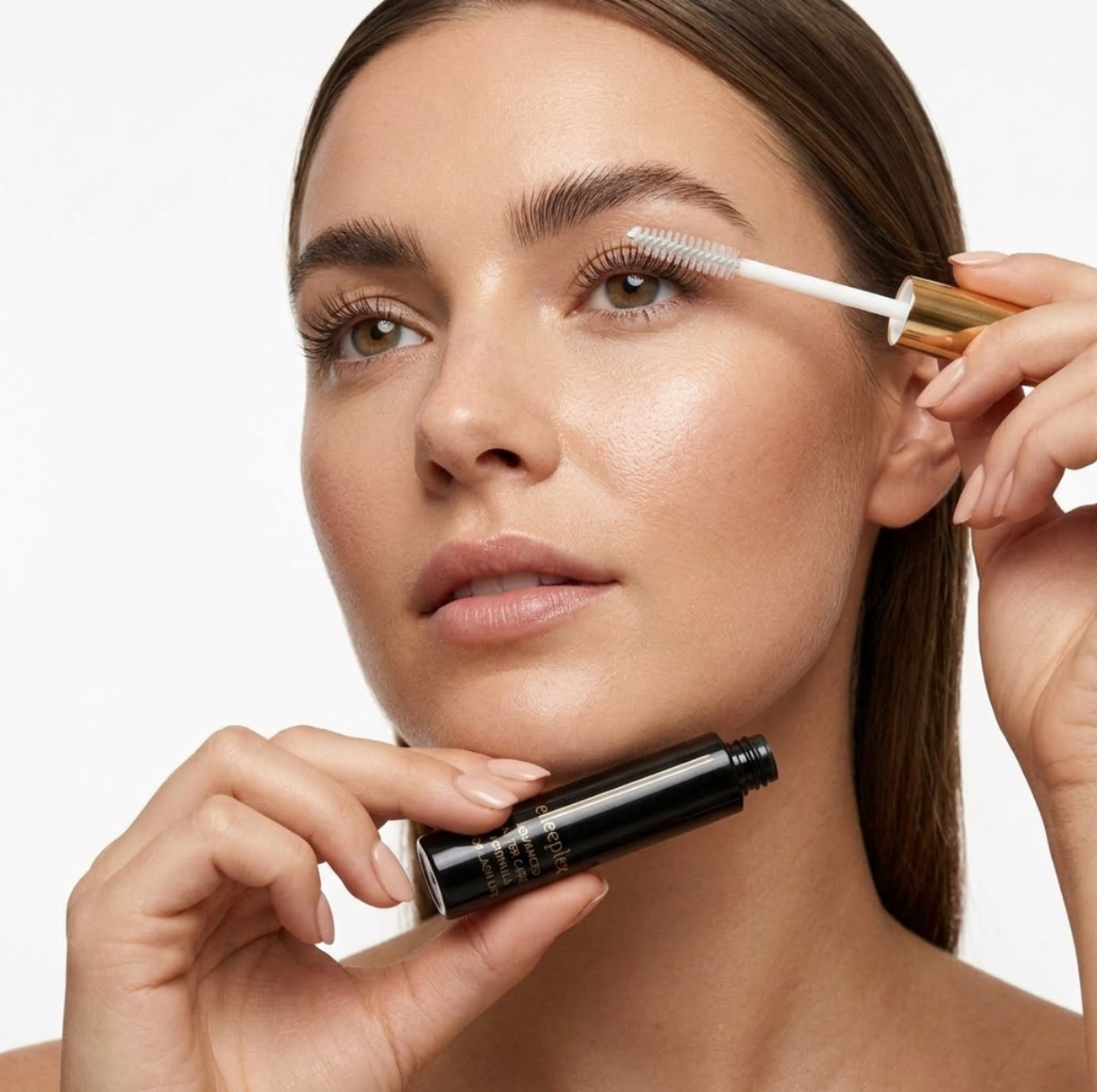 Close-up of a client applying Elleeplex lash lift aftercare to freshly lifted natural lashes.