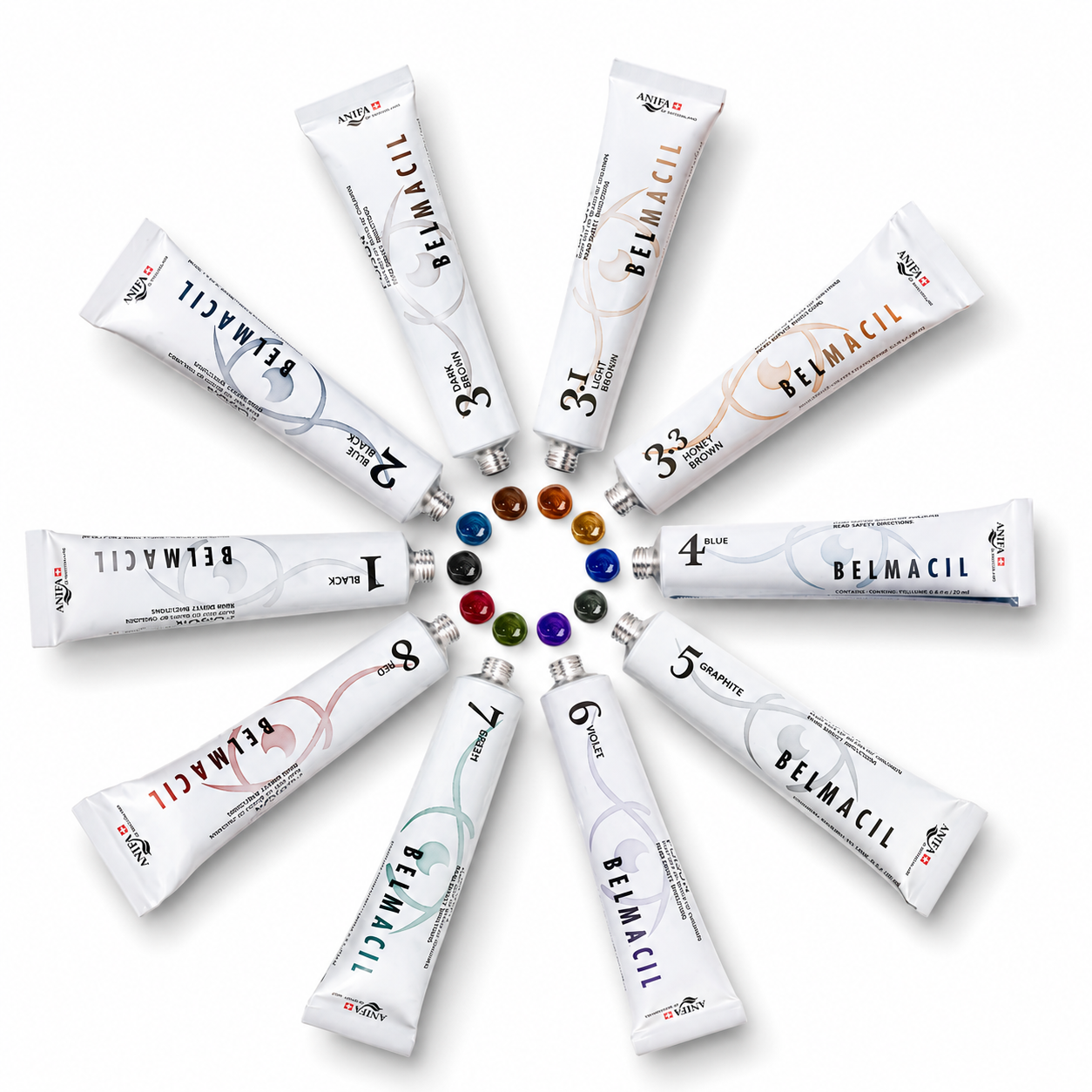 Complete range of Belmacil Lash & Brow Tint 20ml tubes shown in all available shades, including Black, Blue Black, Brown, and vibrant tones.