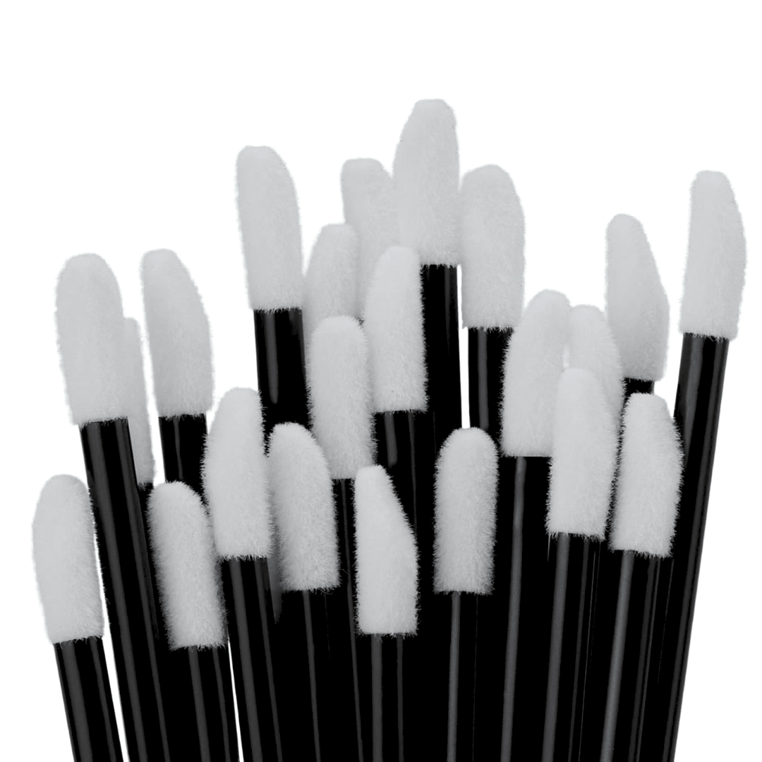 Pack of 50 disposable lip wands with soft flocked tips for hygienic lash, brow, and beauty product application.