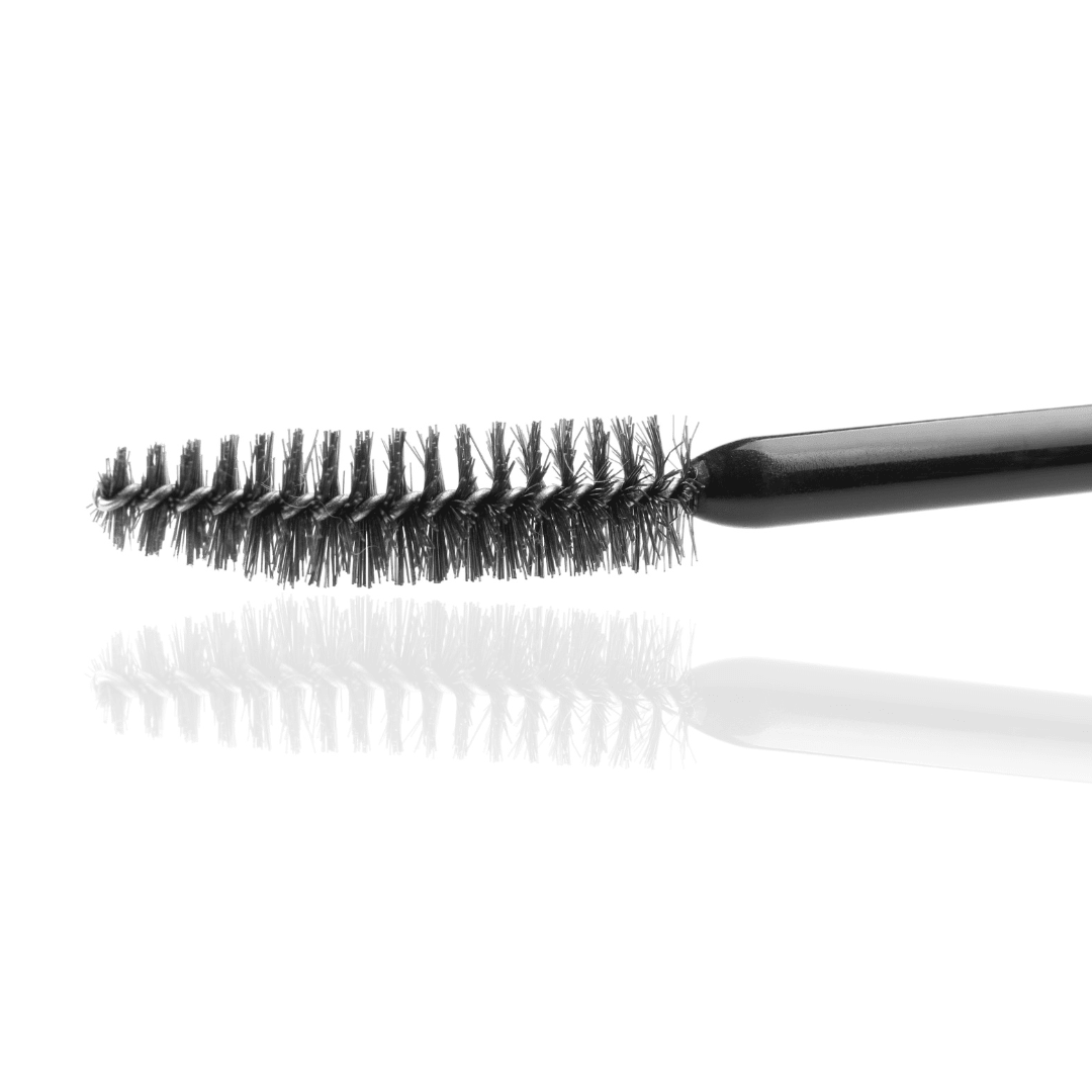 Pack of 50 black disposable mascara wands with soft spiral bristles for professional lash and brow grooming.
