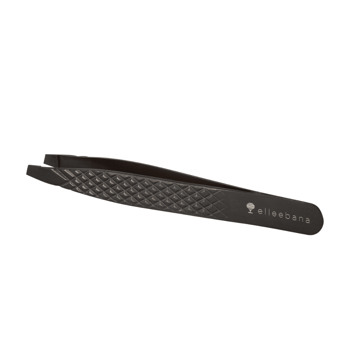 Close-up of the diamond-textured handle and sharp aligned tip on Elleebana Ellee-Brow tweezers.