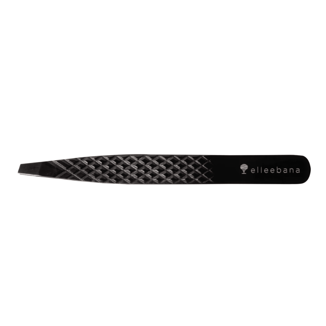 Professional brow technician using Elleebana Ellee-Brow tweezers to pluck fine eyebrow hairs.