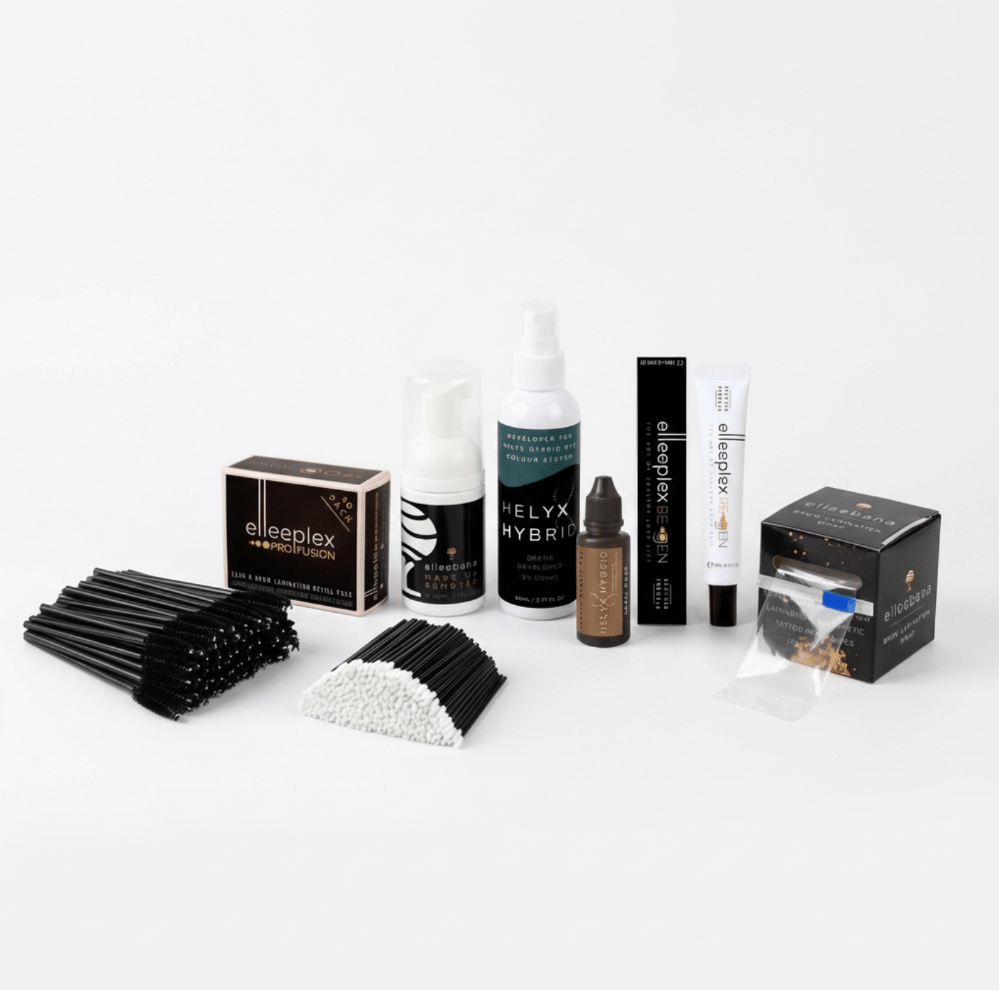 Elleebana Brow Lamination & Tint Starter Kit including Elleebana plastic wrap film, 50 lip wands, and 50 mascara wand spoolies.
