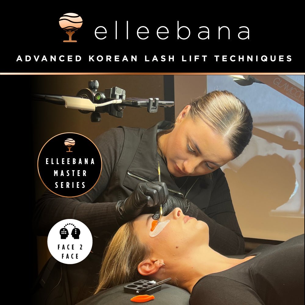 Elleebana Korean Lash Lift Kit and tools displayed on marble table with skincare products.