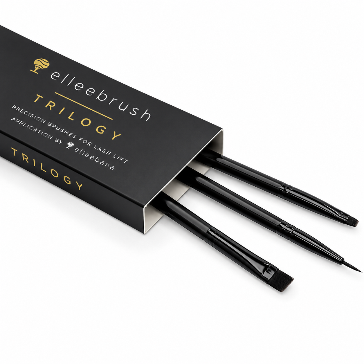 Detailed close-up view showing the synthetic Angle Tip, Fine Tip, and Flat Tip bristles of the Elleebana brush set.