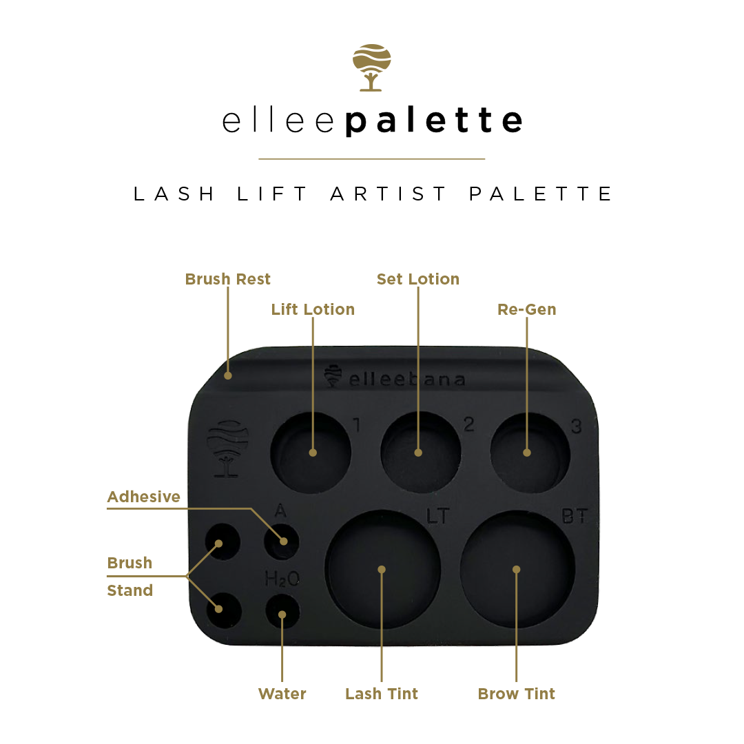 Top-down view of the pink silicone Elleebana Ellee-PALETTE featuring wells for lotions, tints, and adhesives.