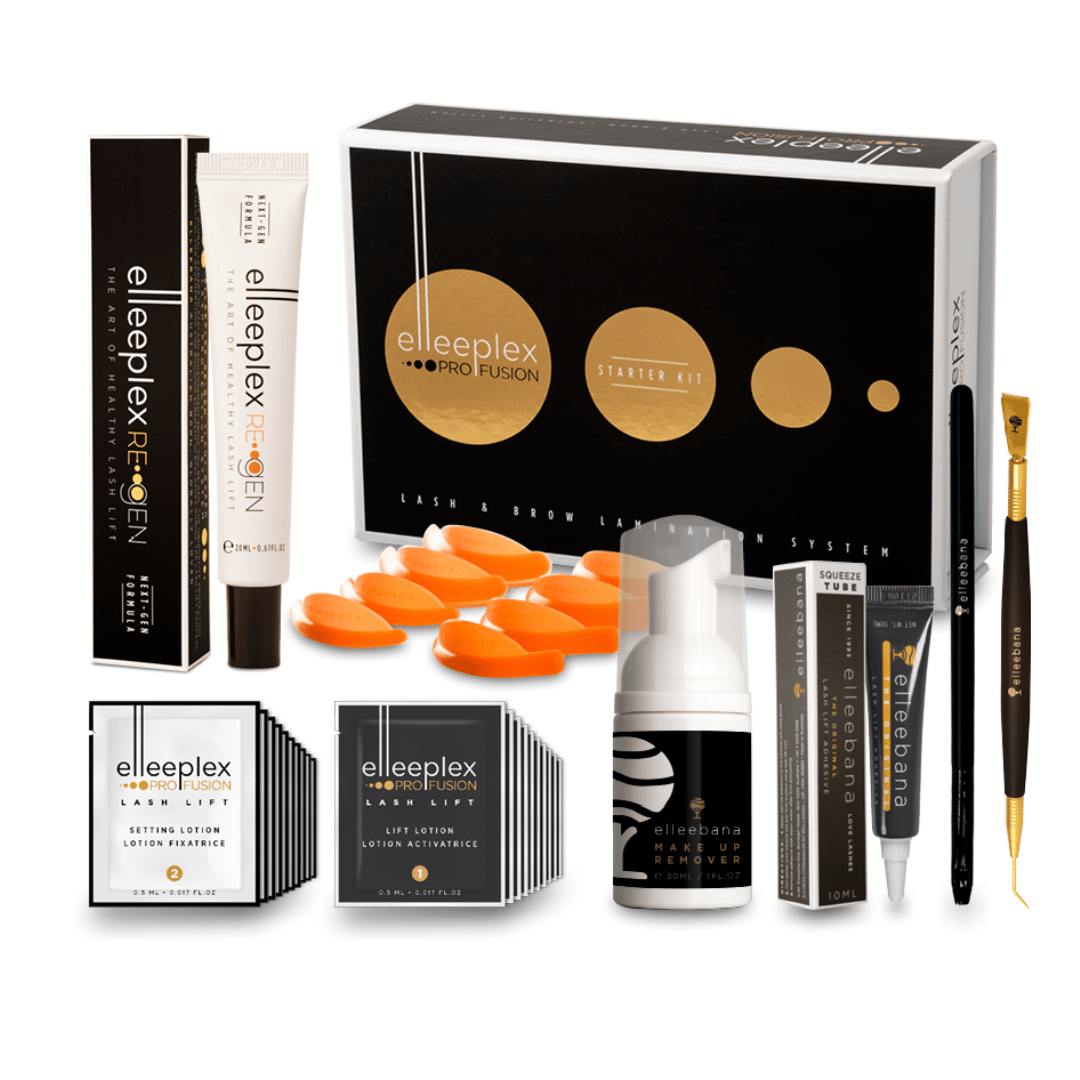 Elleeplex ProFusion lash & brow lamination kit featuring Step 1 and Step 2 sachets, Flex Rods, adhesive, ReGEN Next Gen, and gold tool.