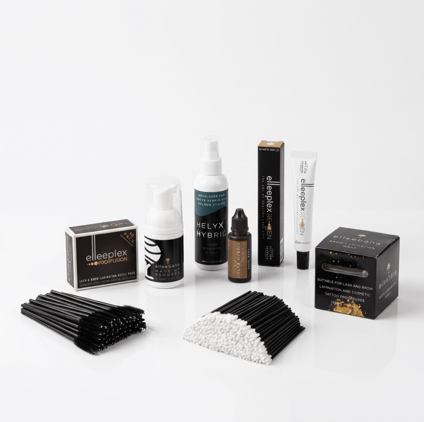 Complete professional brow lamination kit including Elleeplex ProFusion lotions, ReGEN treatment, cleanser, wrap, and applicator tools.
