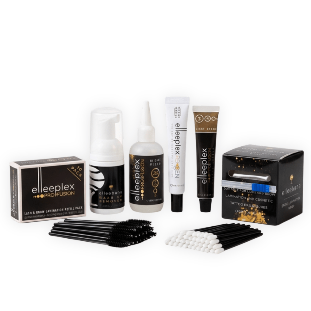 Elleebana Brow Lamination & Tint Starter Kit ncluding Elleeplex ProFusion lotions, ReGEN treatment, cleanser, wrap, and applicator tools.