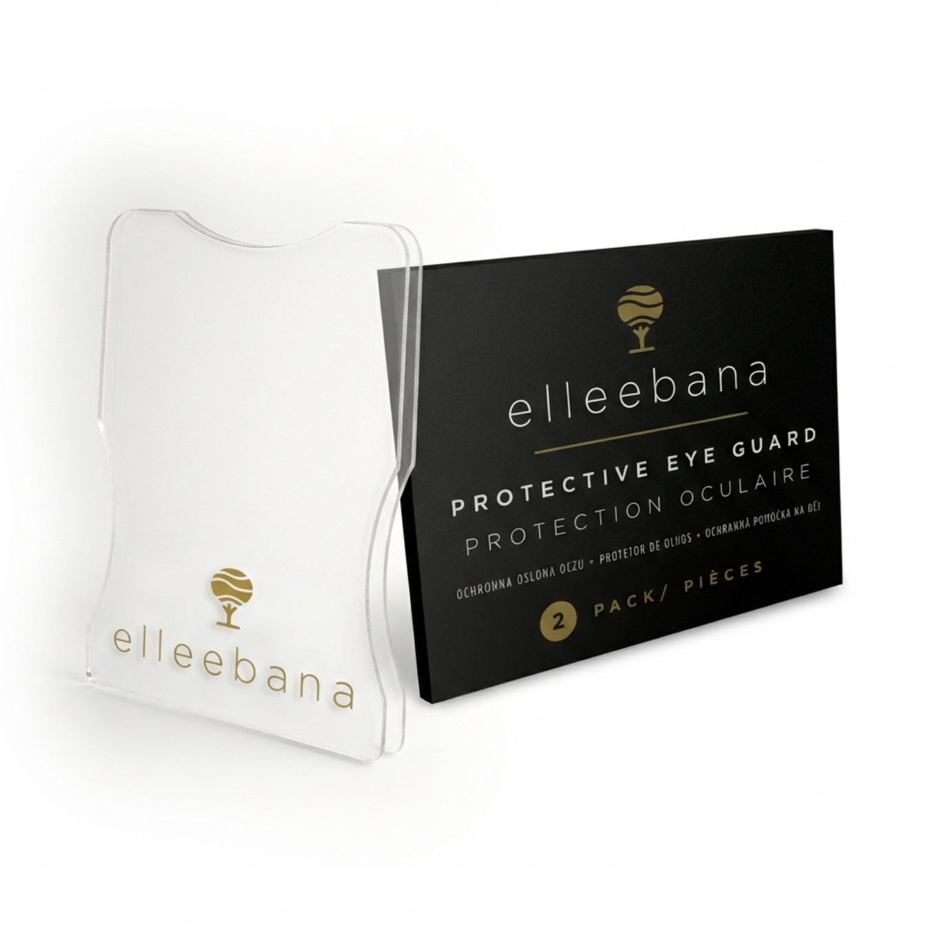 Elleebana Protective Eye Guards displayed alongside paper under-eye shields on a professional salon workstation.