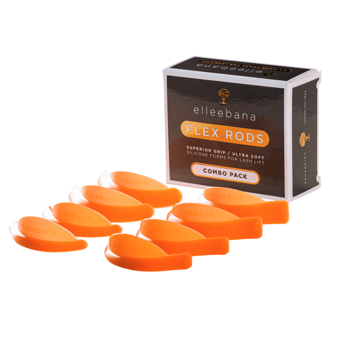 Complete set of Elleebana Flex Rods in soft flexible silicone for glueless lash lift C-curl styling.