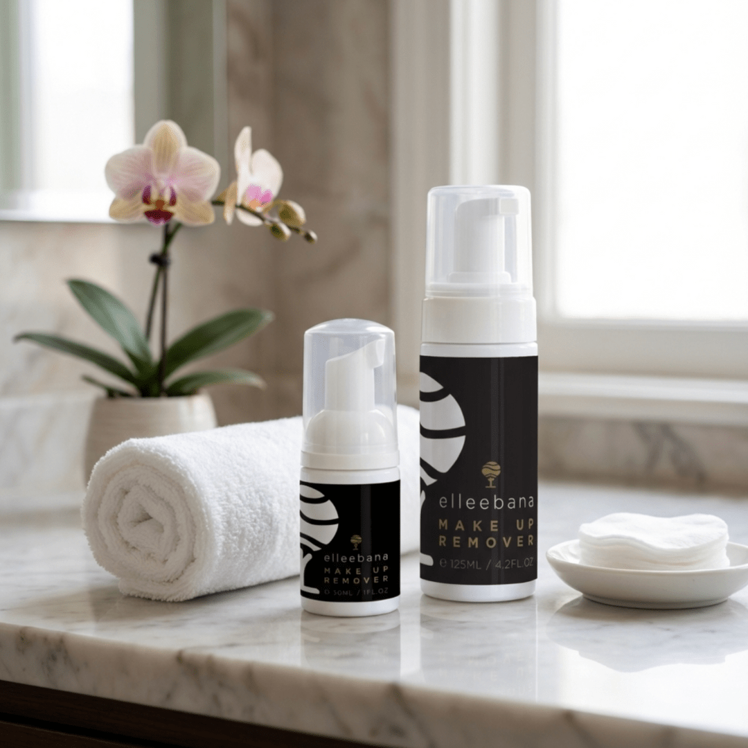 Close-up view of the rich, gentle foam dispensed from the Elleebana Foaming Lash and Brow Cleanser.