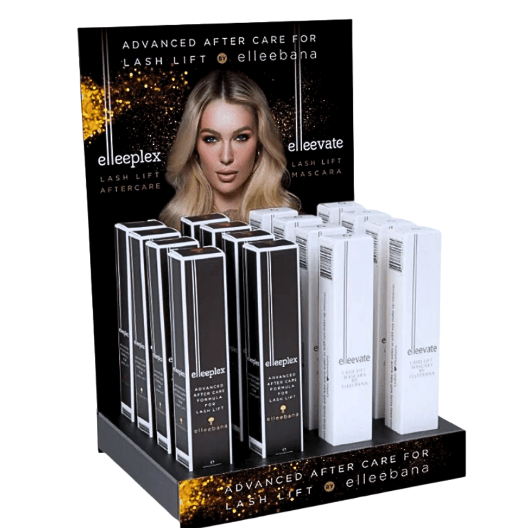 Sleek branded Elleebana countertop display stocked with Elleeplex Aftercare Serums and Elleevate Mascaras for salon retail.