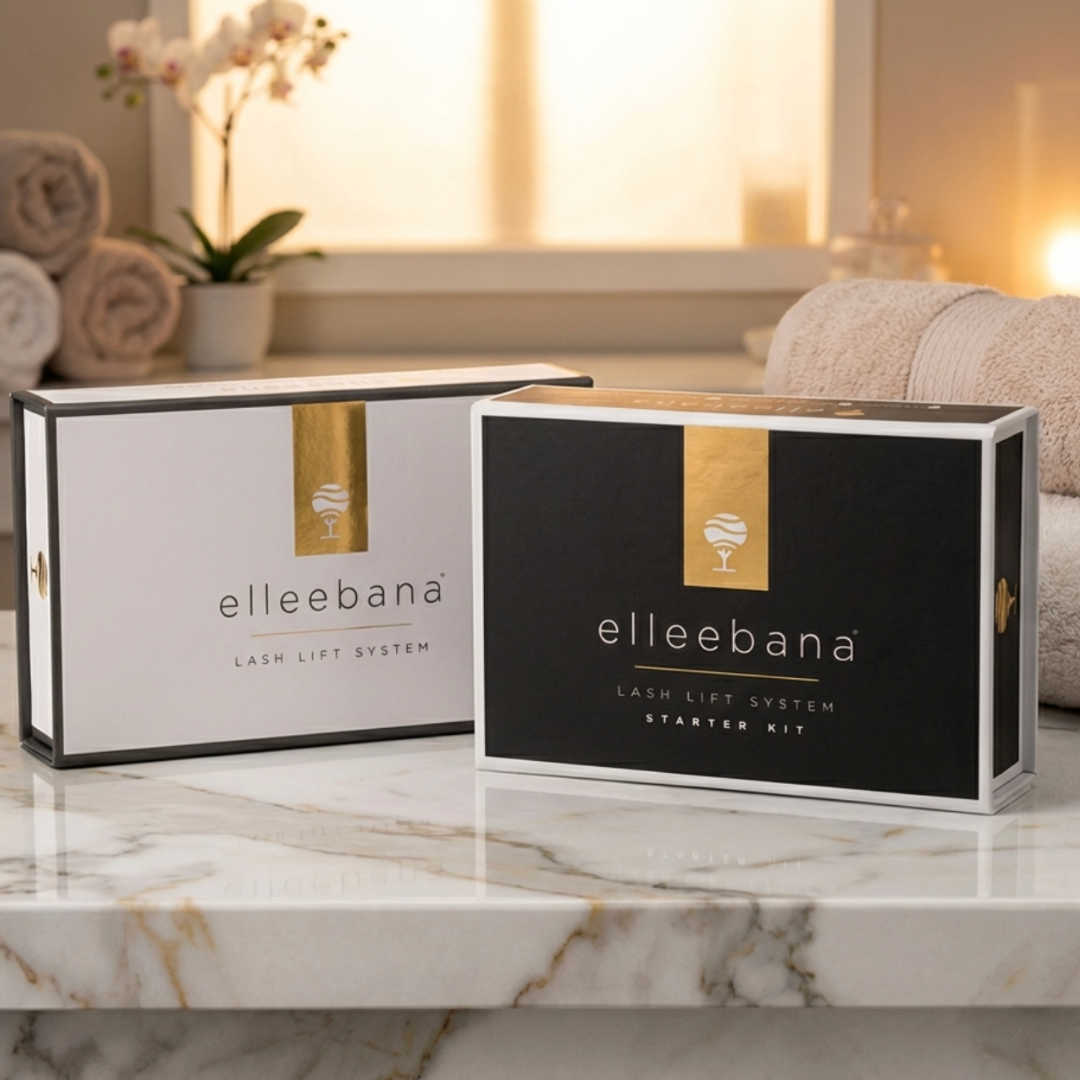 Elleebana One Shot Lash Lift Kit featuring Step 1 and Step 2 sachets, squeeze tube adhesive, Flex Rods, Gold Precision Lifter Tool, flat brush, and makeup remover.