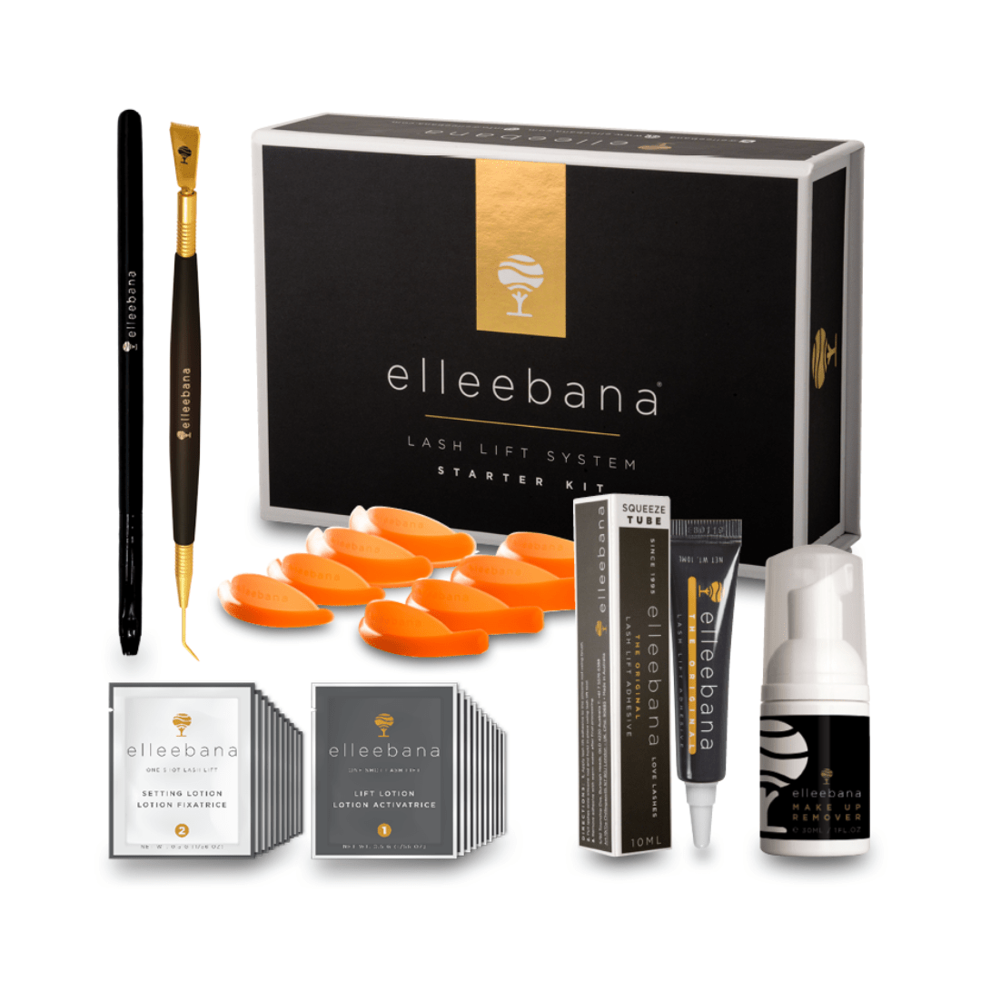 Elleebana One Shot Lash Lift Kit featuring Step 1 and Step 2 sachets, squeeze tube adhesive, Flex Rods, Gold Precision Lifter Tool, flat brush, and makeup remover.