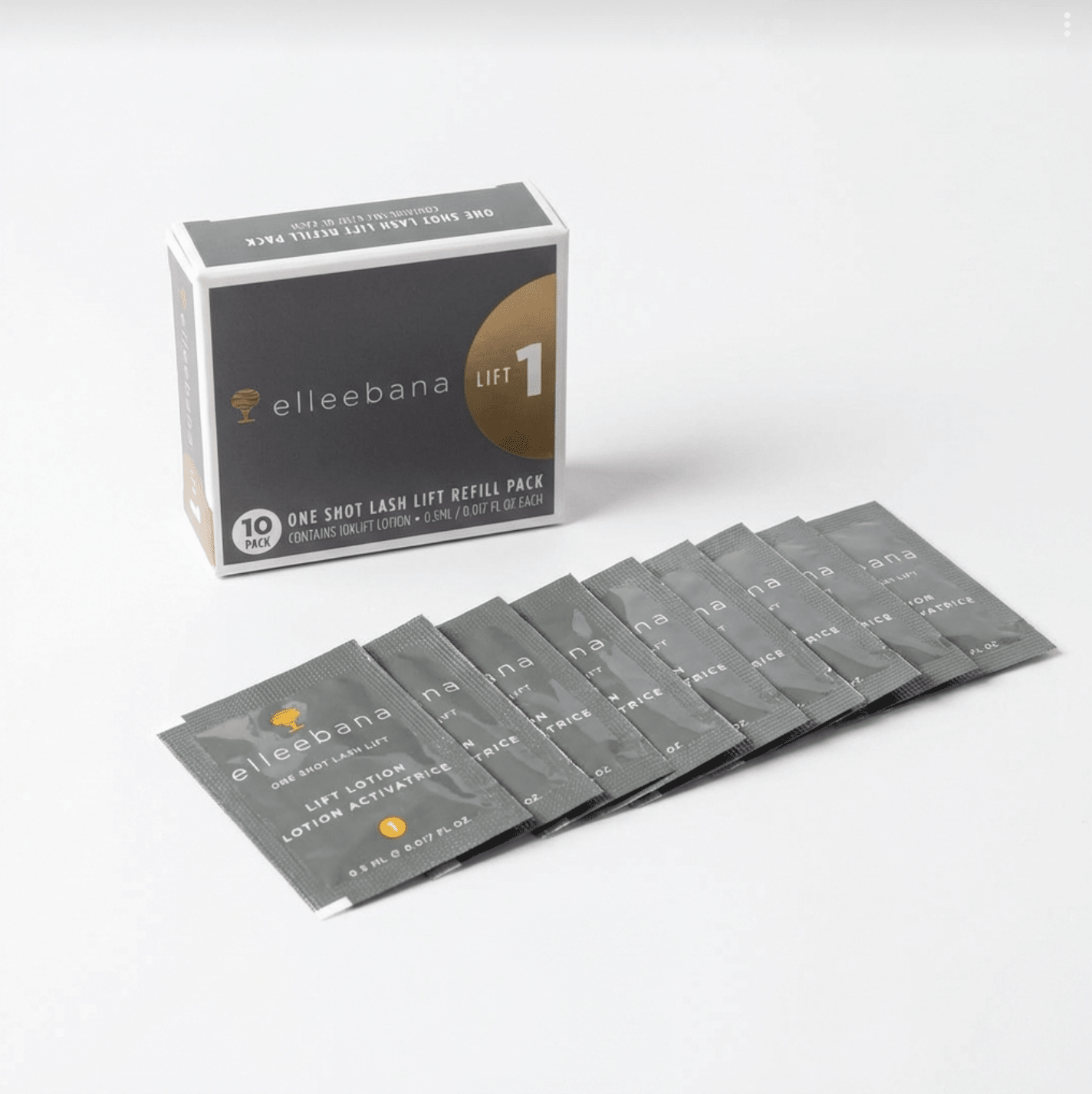 Front packaging for Elleebana One Shot Lash Lift Step 1 Lift Only sachet pack, made in Australia.