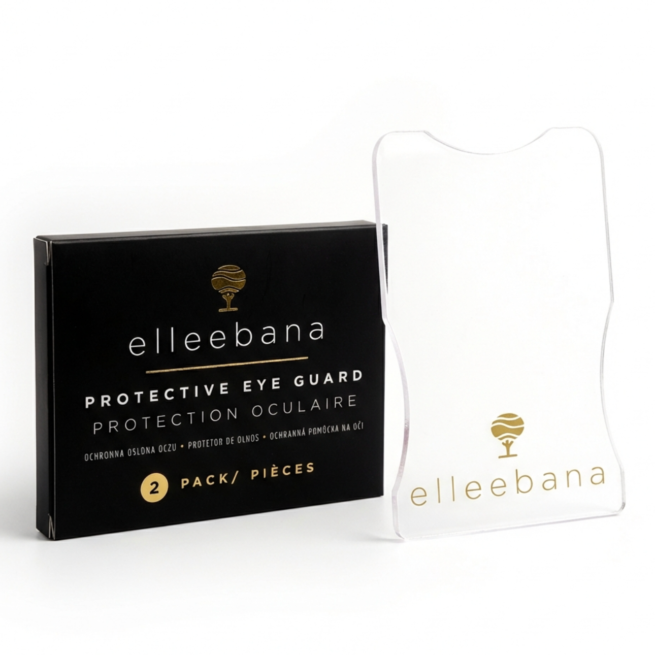Pair of durable clear acrylic Elleebana Protective Eye Guards designed to shield the under-eye area during lash tinting.