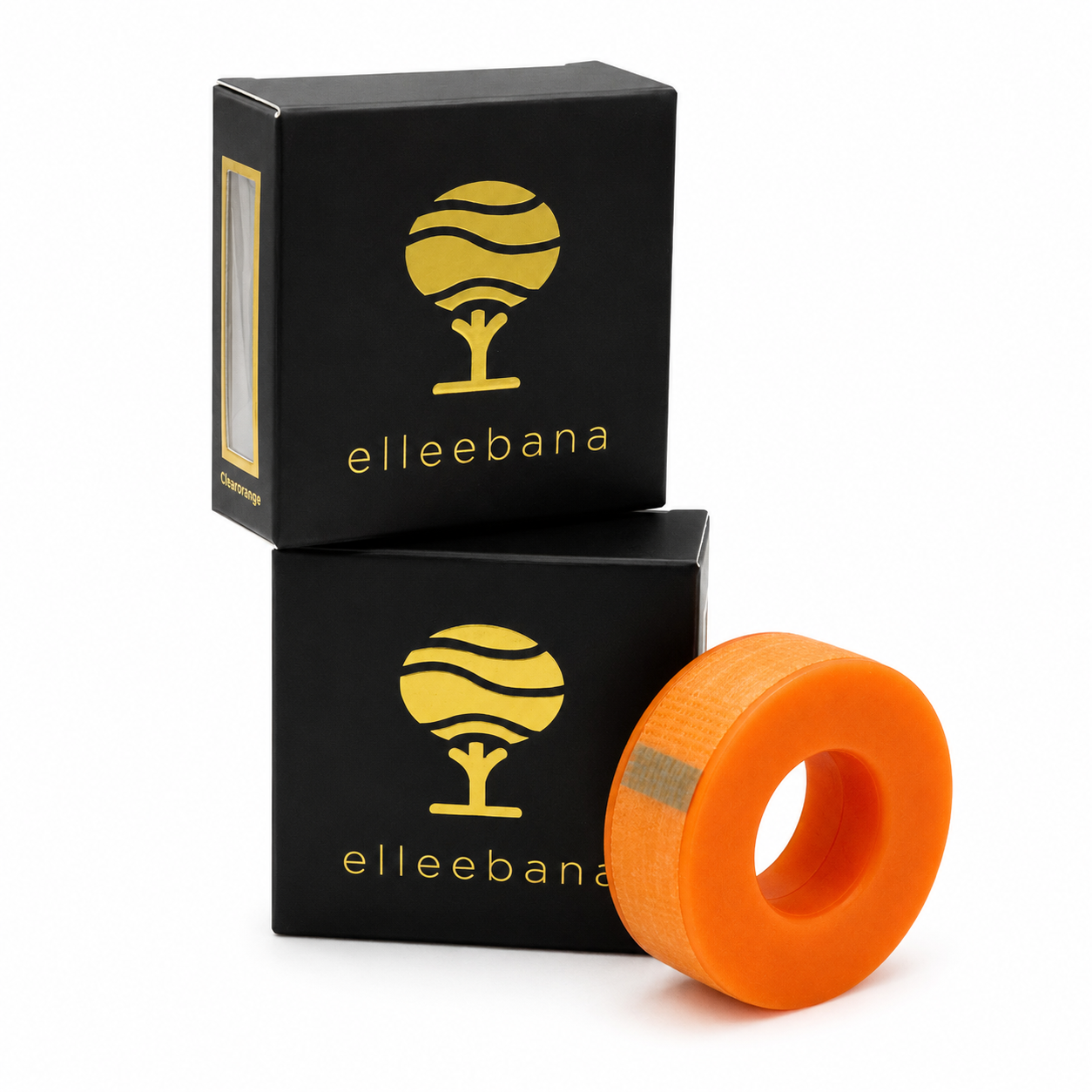 Roll of vibrant orange Elleebana Silicone Tape displayed alongside its official packaging.