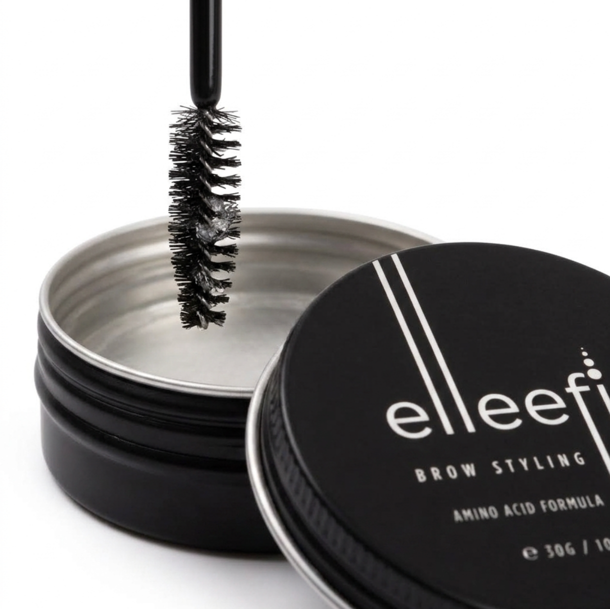 Clear, non-greasy wax formula swatch of Elleefix Brow Styling Wax by Elleebana