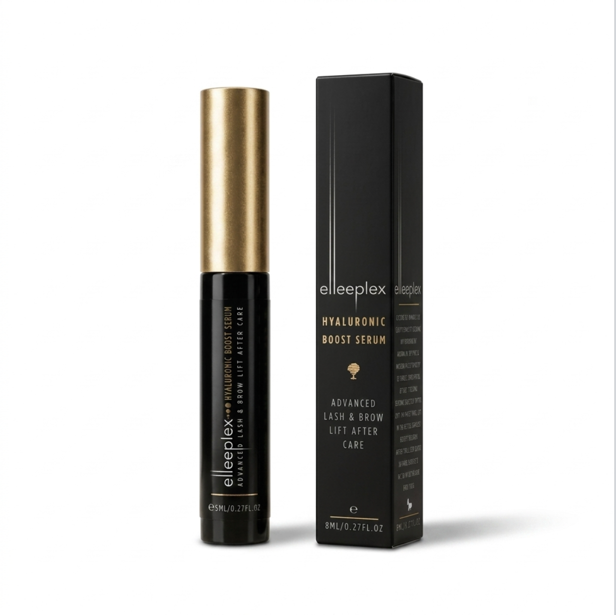 8ml bottle and wand applicator of Elleeplex Hyaluronic Boost Serum for lash and brow conditioning.