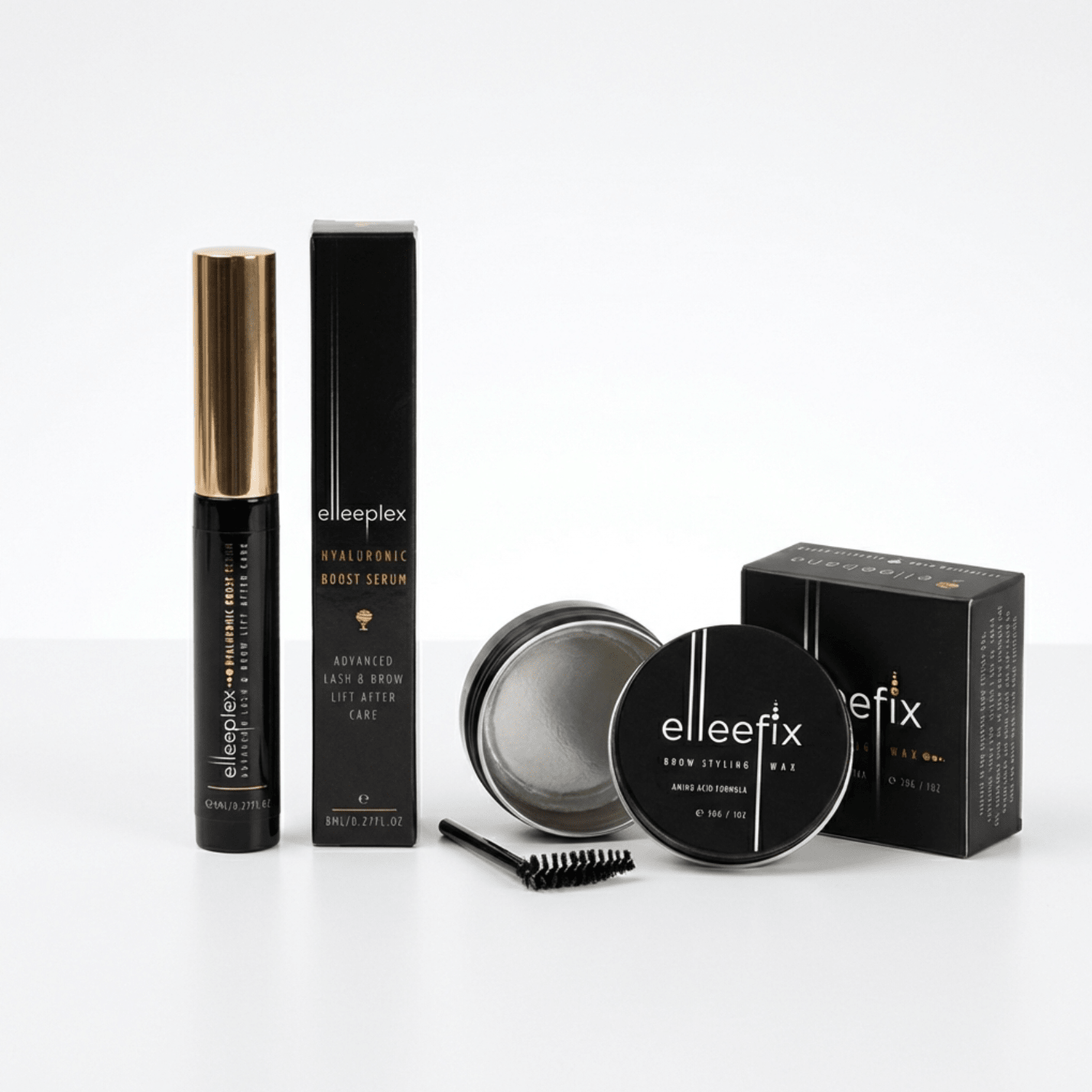 Professional Brow Lamination Aftercare Set featuring Elleeplex Hyaluronic Boost Serum and Elleefix Styling Wax.