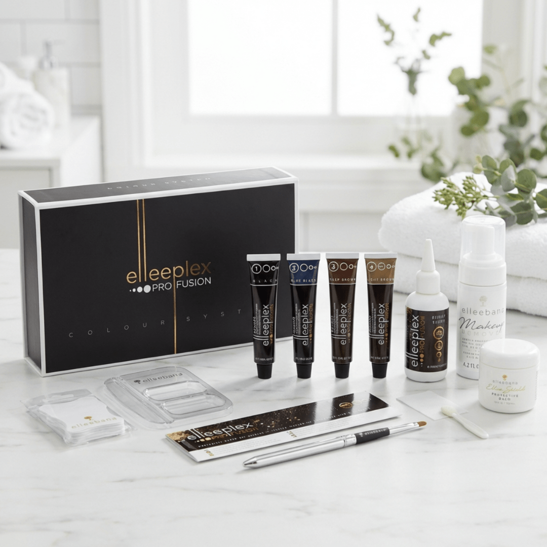 Elleebana protective under-eye balm, paper shields, and acrylic protective eye guard for clean lash tinting services.