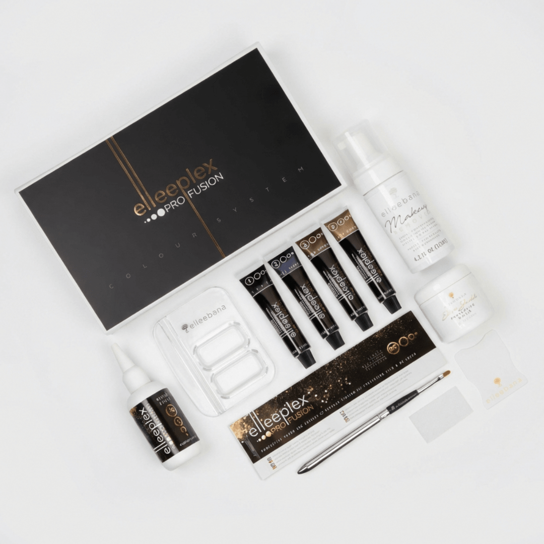 Complete Elleeplex Lash & Brow Tint Kit including 4 tint shades, creme oxidant, protective balm, guards, paper shields, makeup remover, brush, and mixing dish.