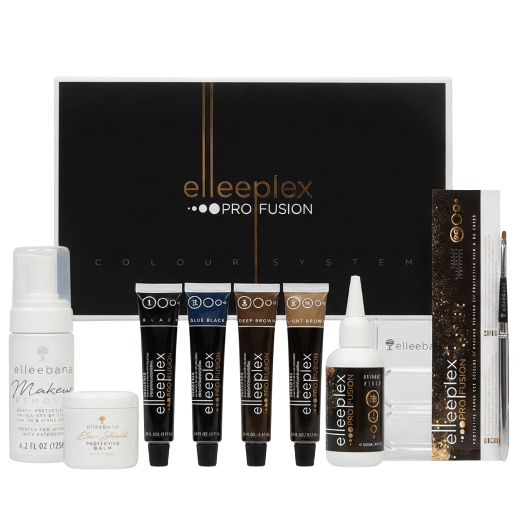 Complete Elleeplex Lash & Brow Tint Kit including 4 tint shades, creme oxidant, protective balm, guards, paper shields, makeup remover, brush, and mixing dish.