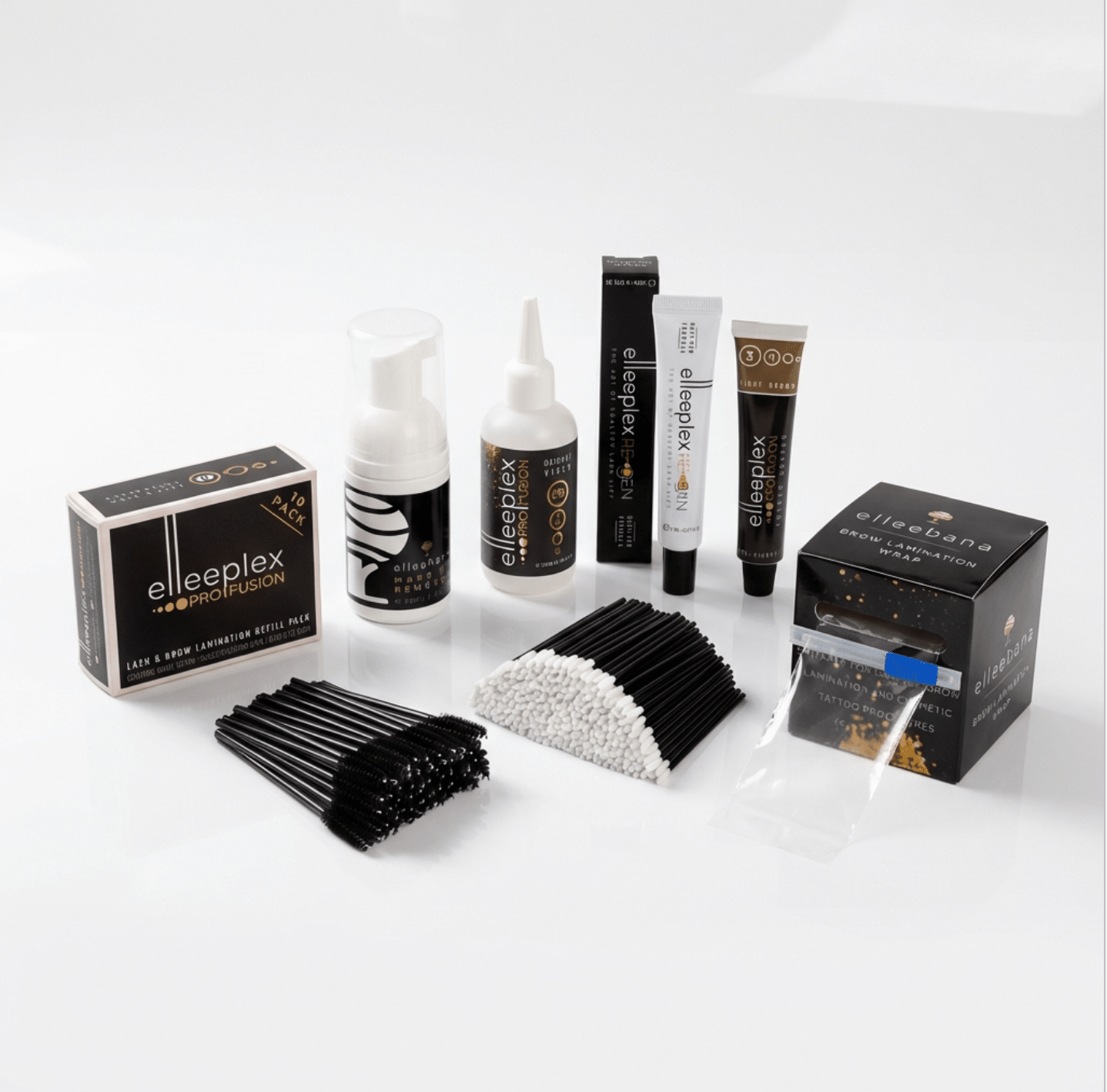 Elleebana Brow Lamination & Tint Starter Kit with Elleeplex ProFusion 10-pack lash and brow lamination sachets alongside 20ml ReGEN strengthening serum.