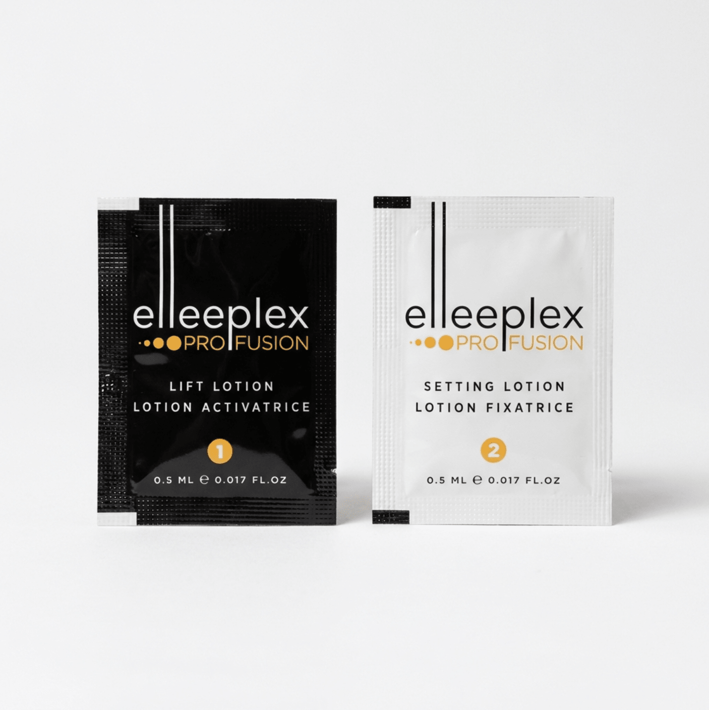Close-up of Elleeplex Profusion Lash & Brow Lamination Trial Sample Pack Step 1 lifting and Step 2 setting sachet pair for professional lash and brow lamination.
